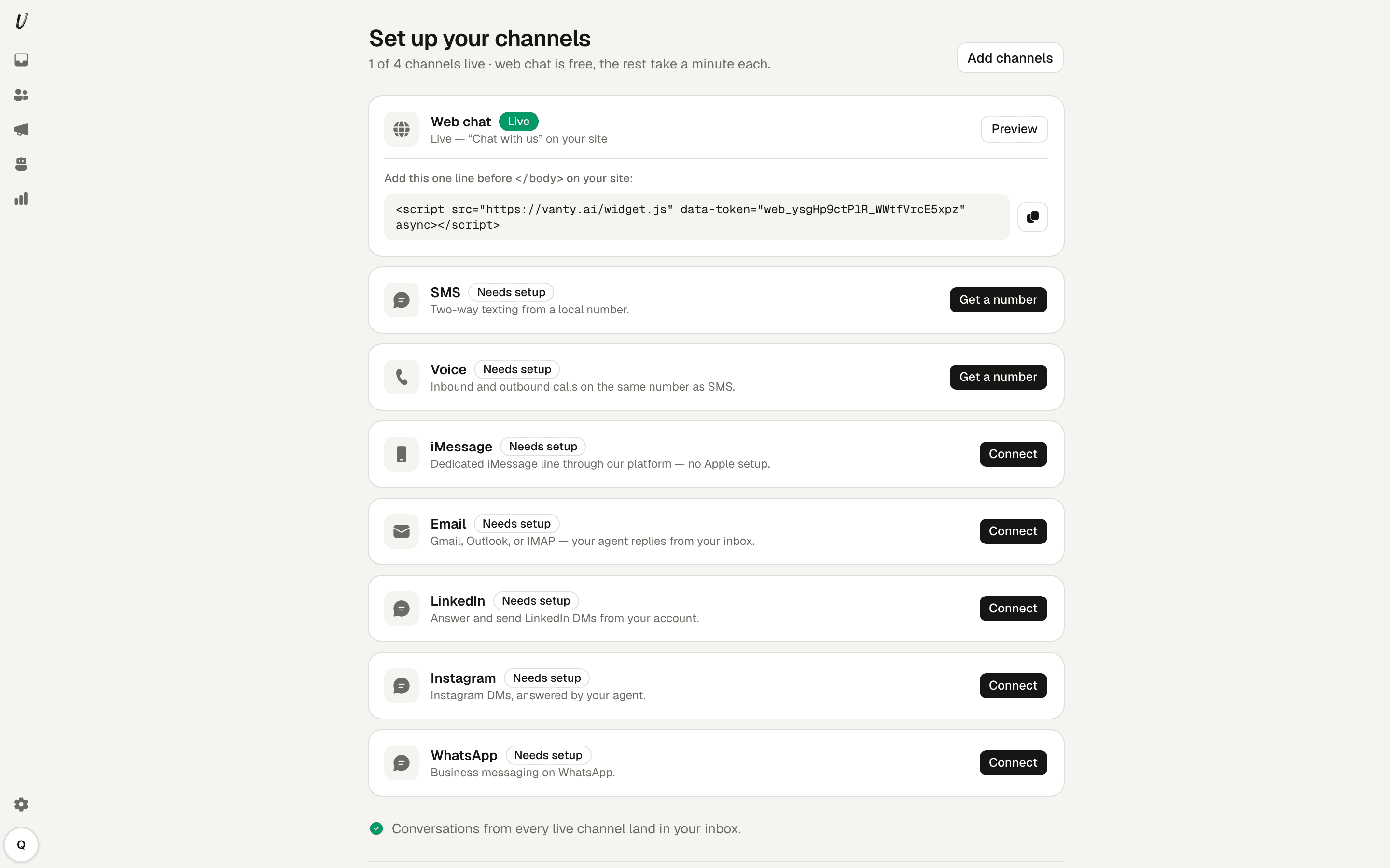 Channels setup page with web chat enabled showing embed snippet and copy button.