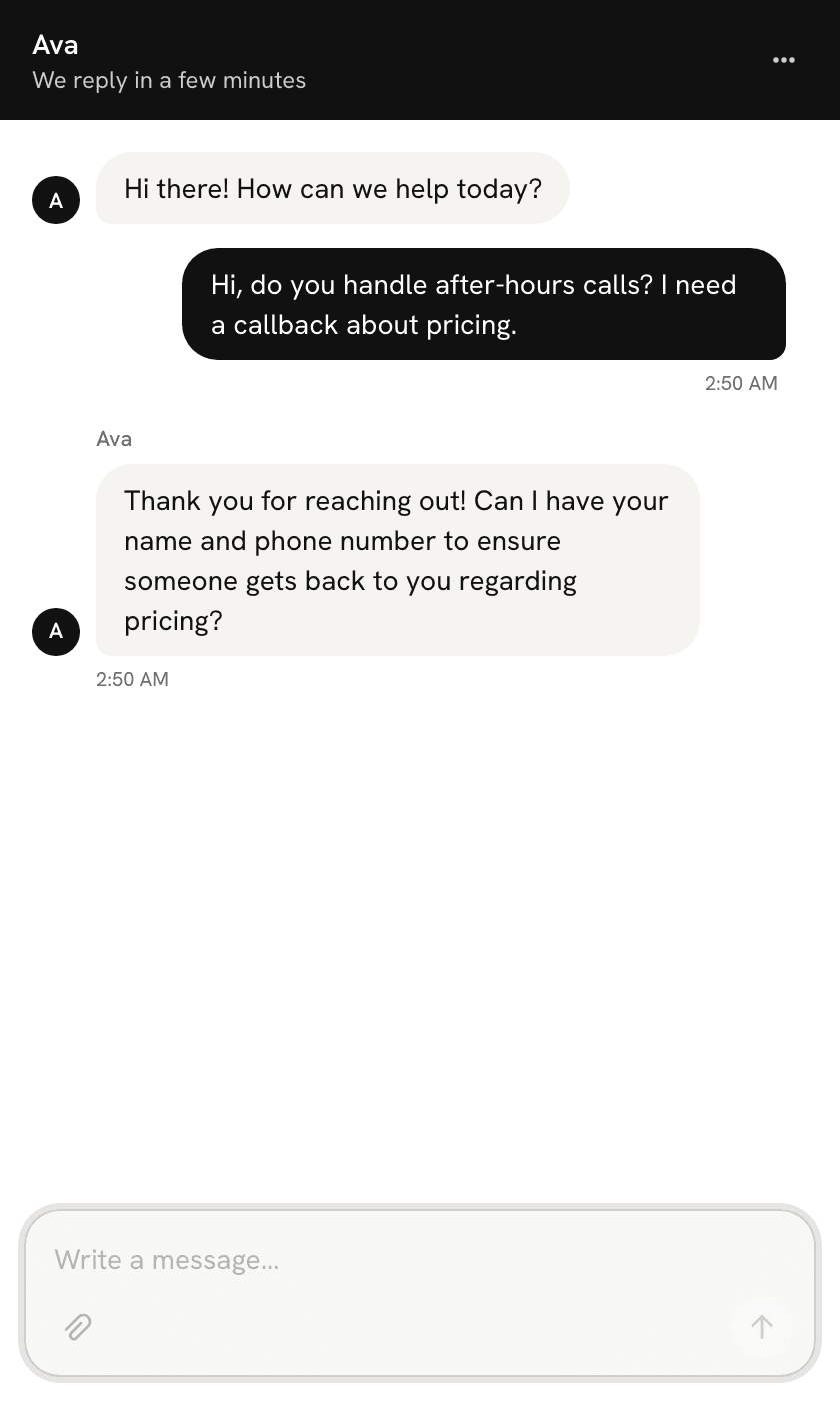 Visitor view showing a message and agent reply.