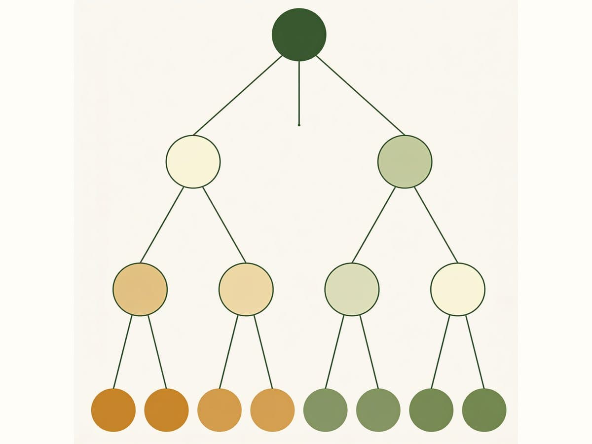 A branching decision diagram in thin olive lines