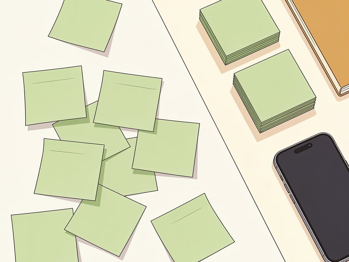 Loose paper notes on a desk resolving into one ordered stack