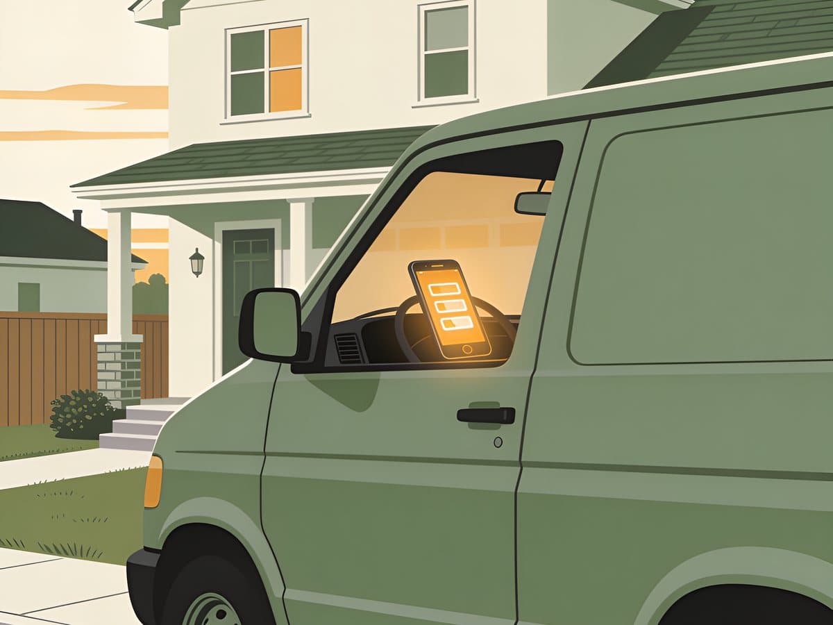 A work van parked outside a house at dusk, a phone glowing on the dashboard
