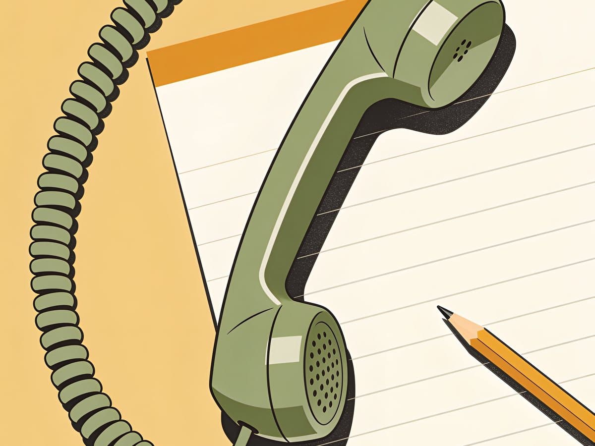 A telephone handset resting on a sheet of ruled paper beside a pencil