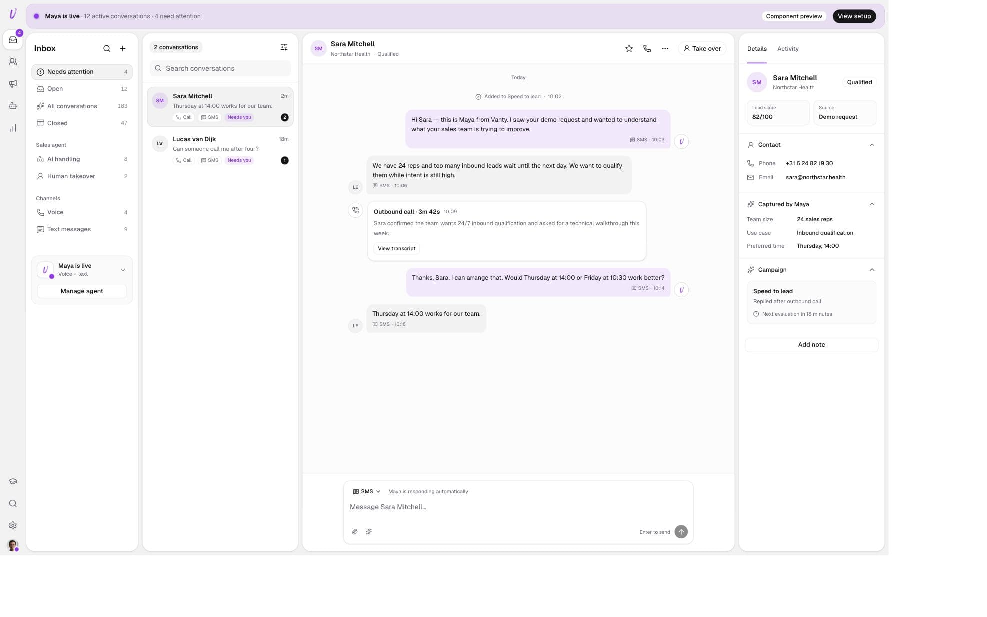 Vanty sales agent managing live lead conversations