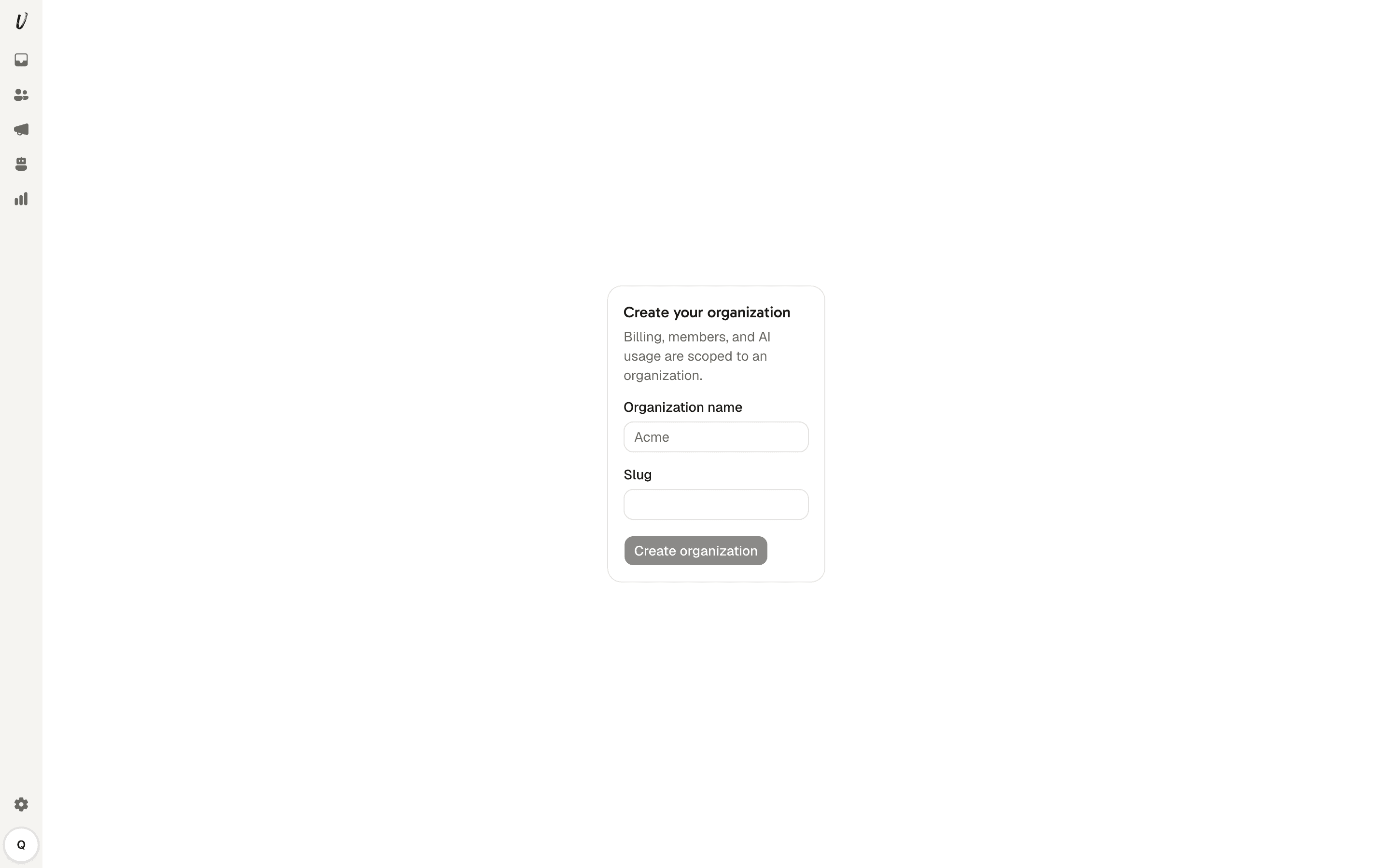 Workspace creation form with organization name and slug fields.