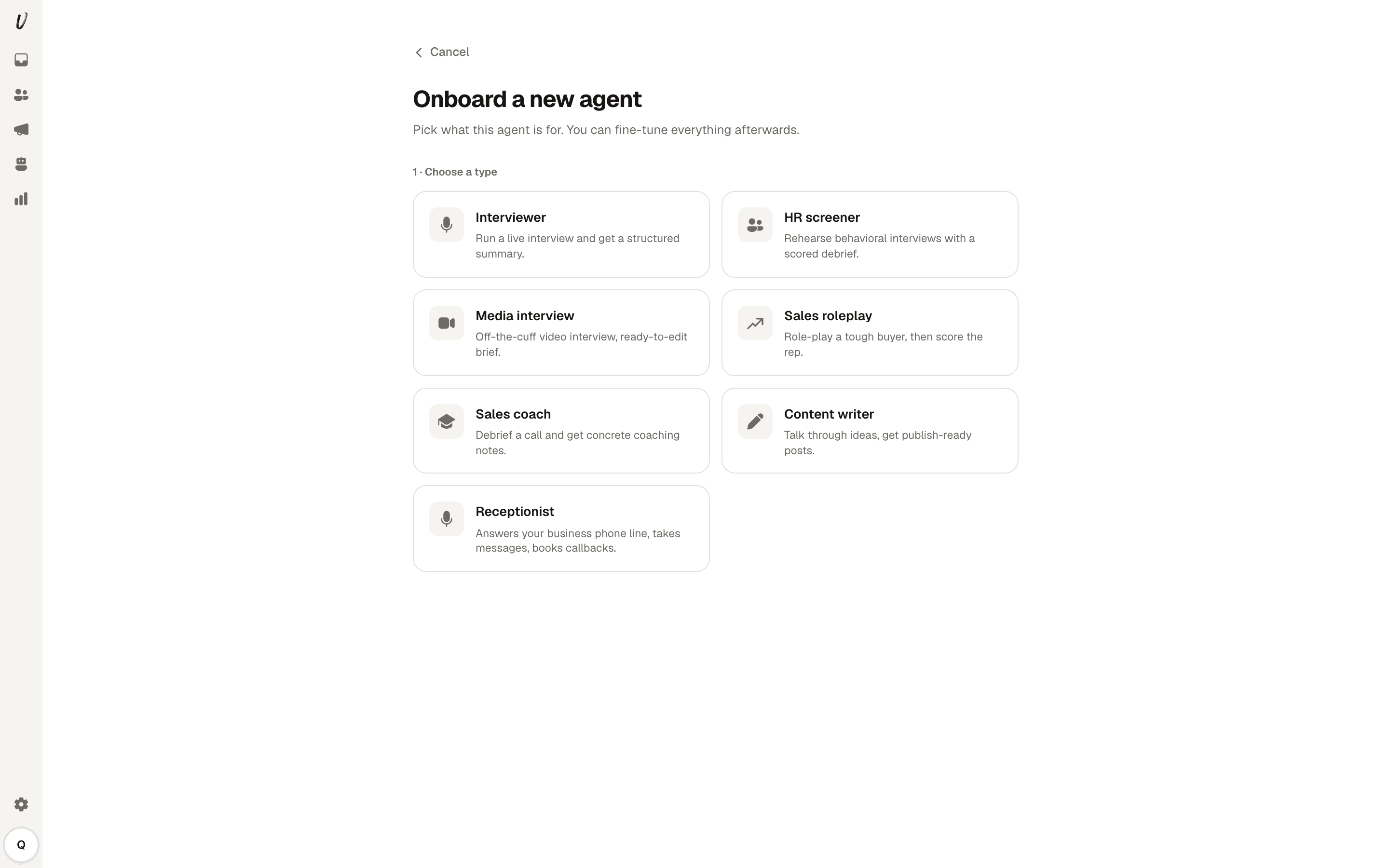 Agent type selection with Receptionist highlighted.