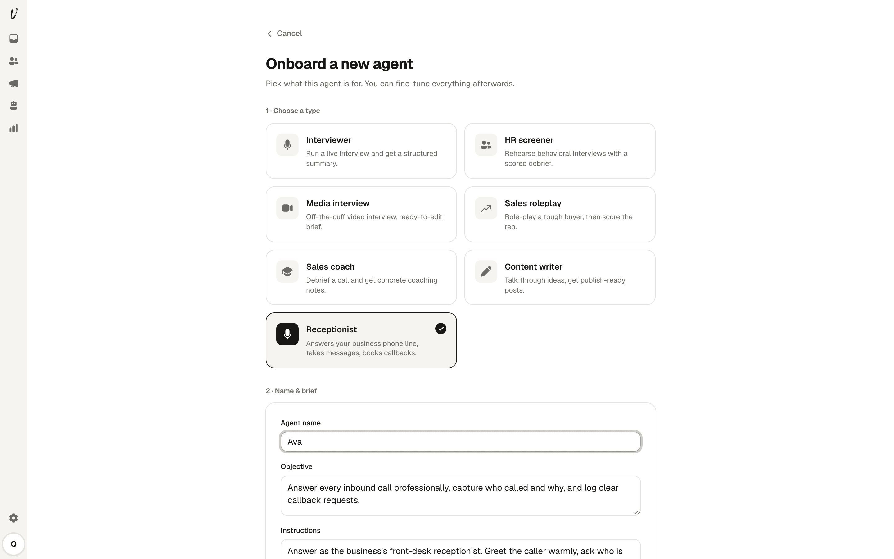 Agent naming form with default objective and instructions.