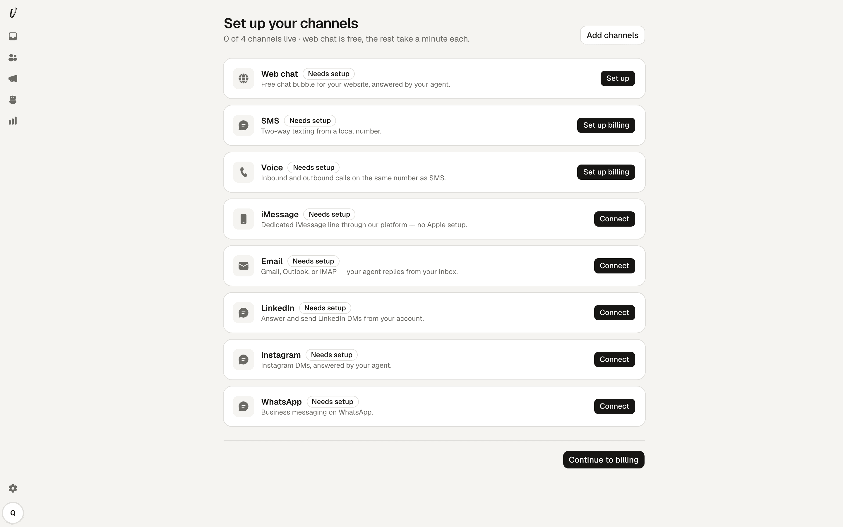 Channels setup step showing available channels without a modal.