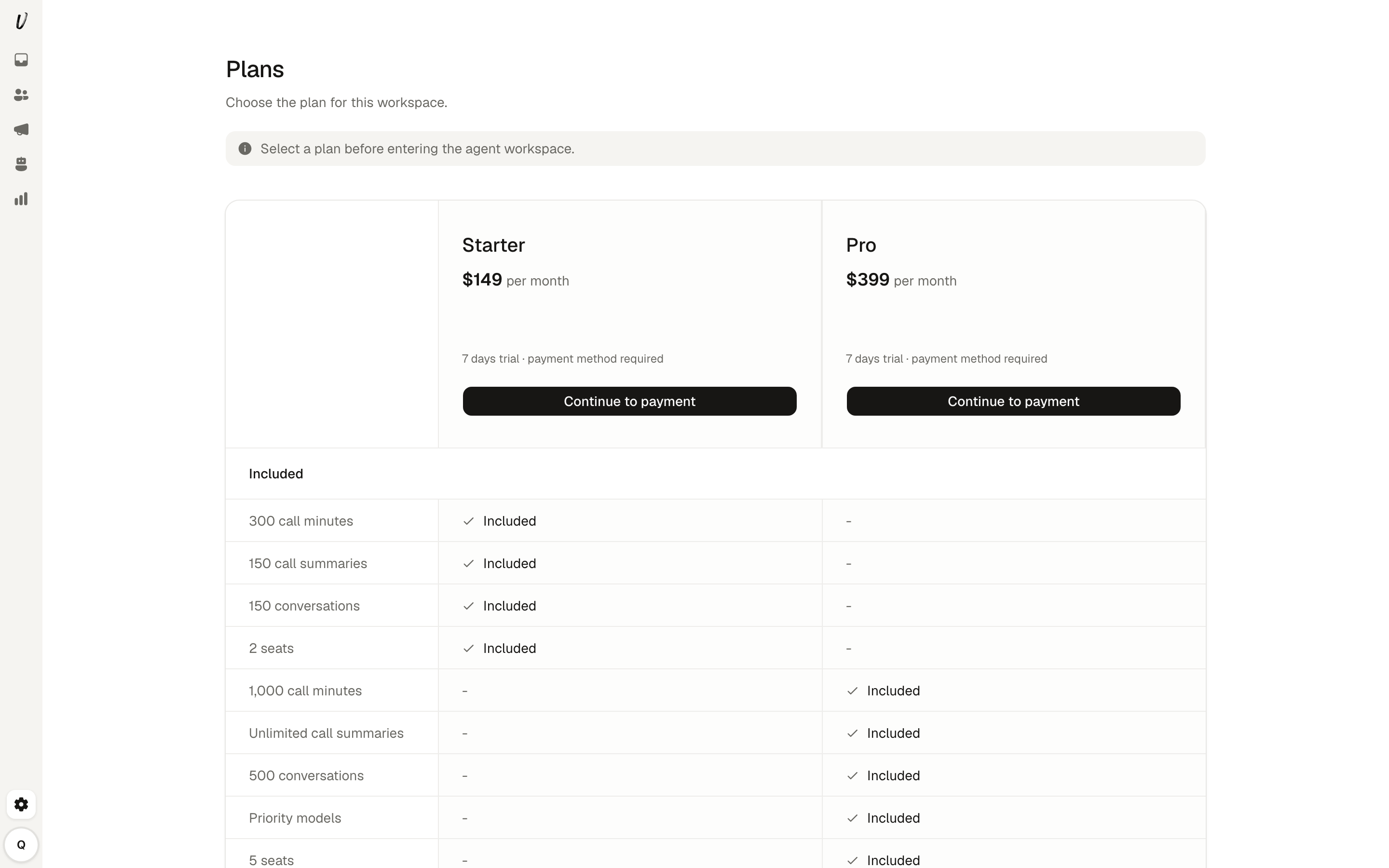 Plan comparison view on the billing plans page.