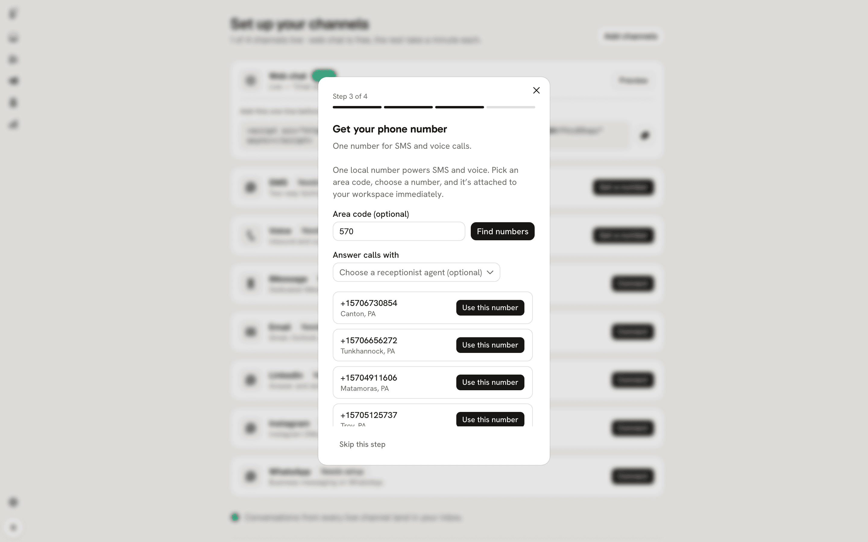 Phone number search step showing available local numbers with search and filter options.