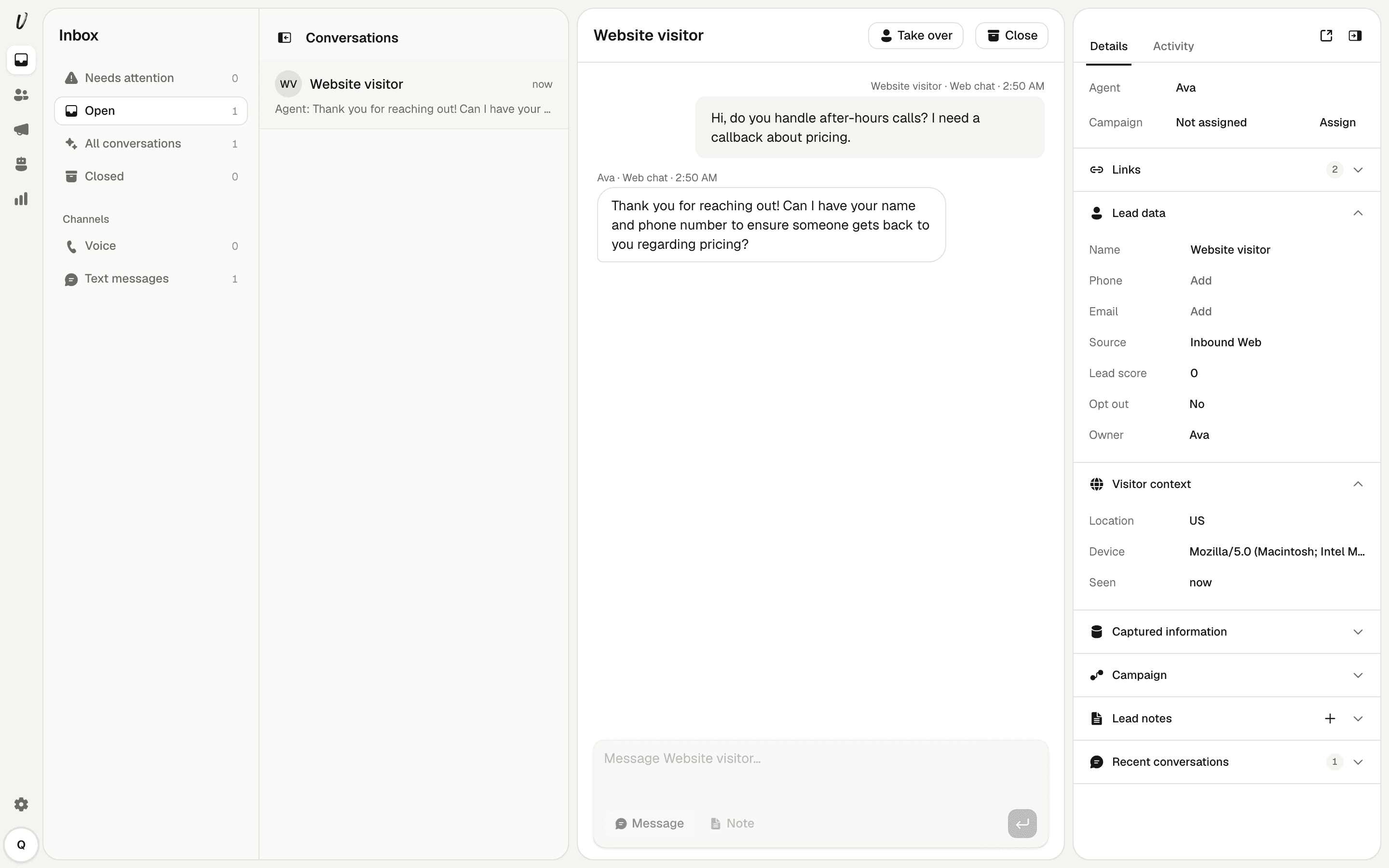 Open conversation thread showing message history and reply field.