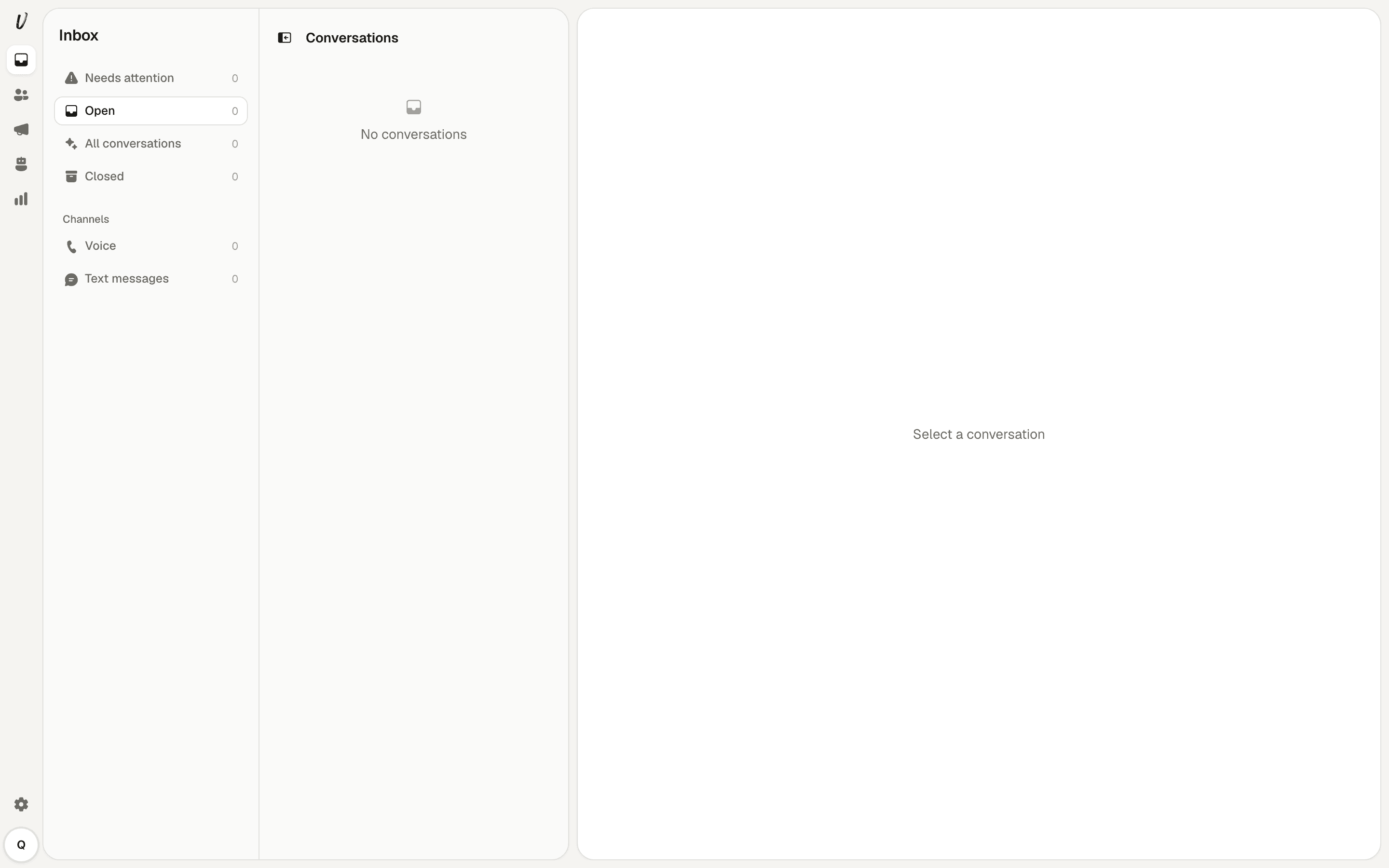 Empty unified inbox view with sidebar and no conversations.