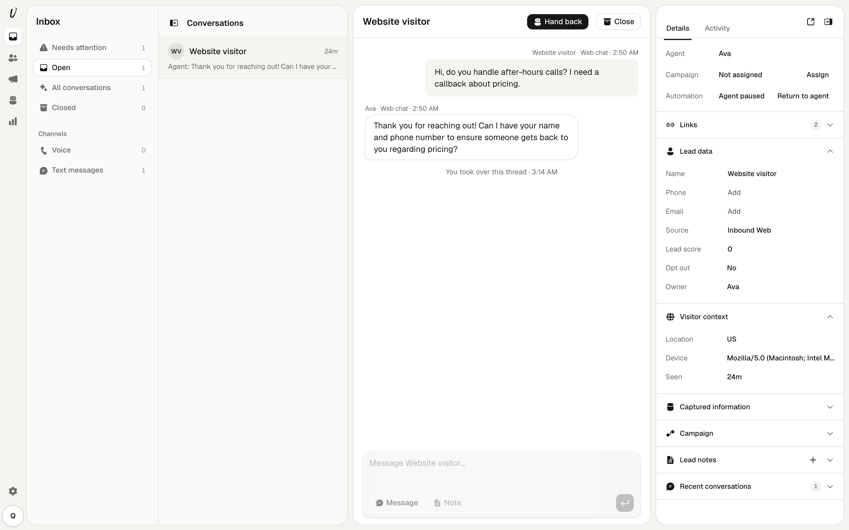 Conversation view showing human takeover controls and paused agent status.