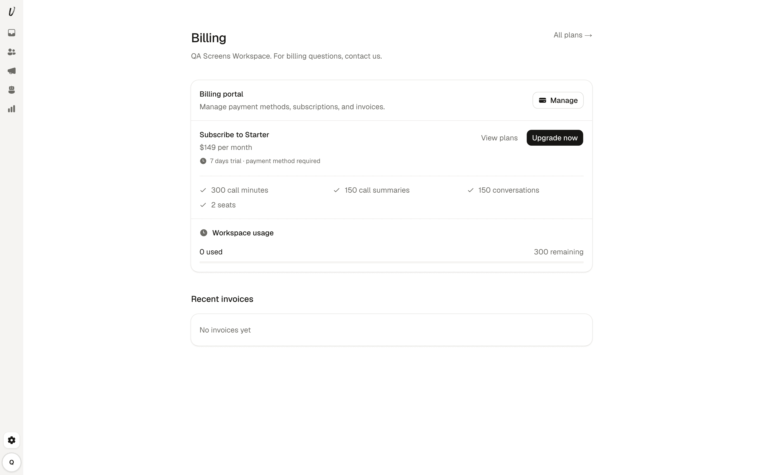 Billing status page showing usage for call minutes and conversations.